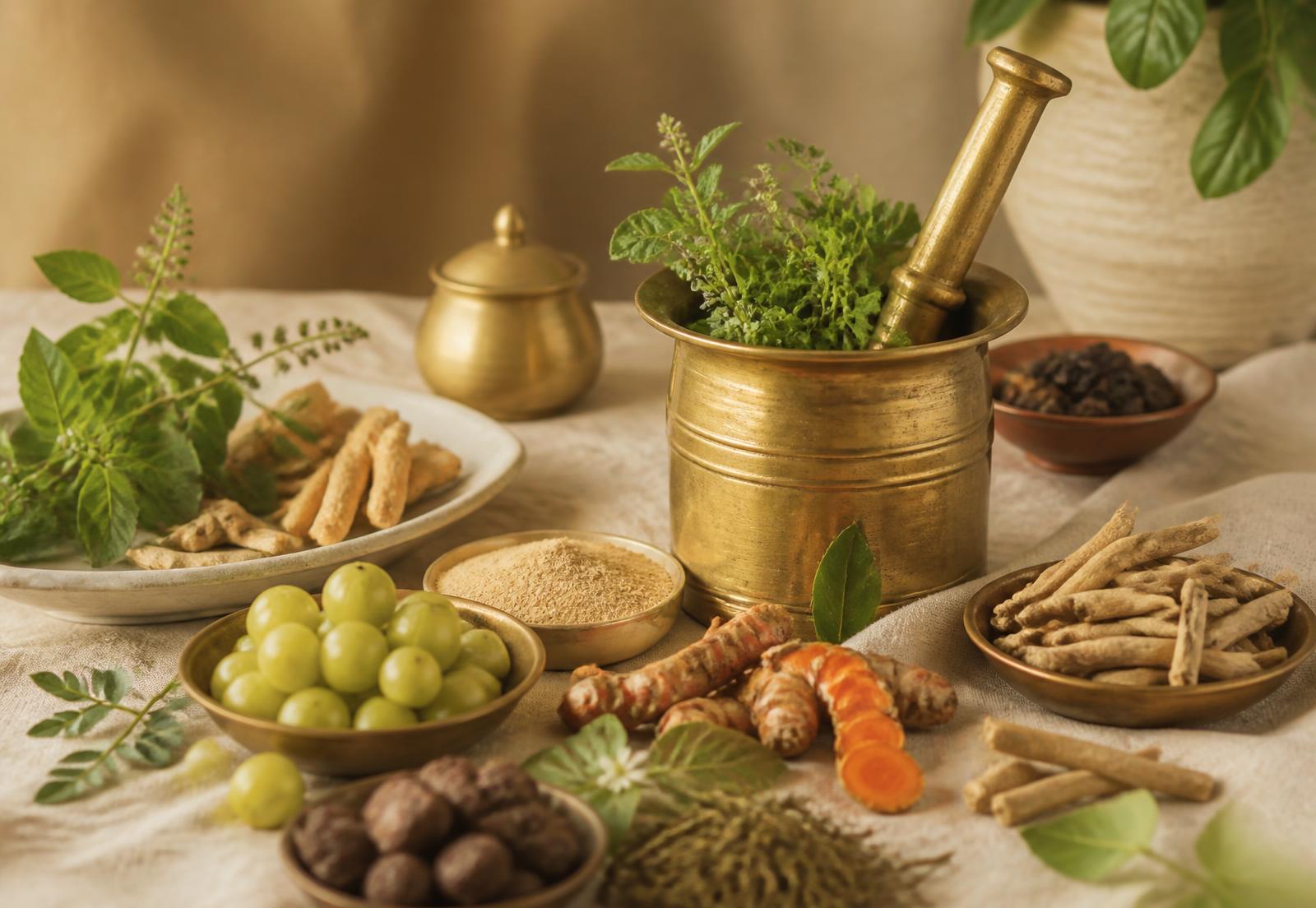 Brass mortar and pestle with fresh ayurvedic herbs, turmeric and amla